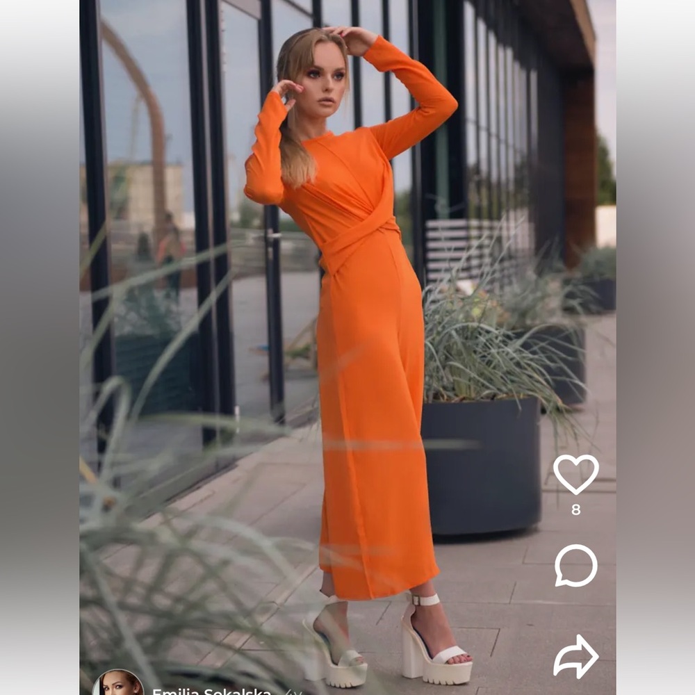 Orange long-sleeve Wrap Front Jumpsuit - Picture 11 of 11